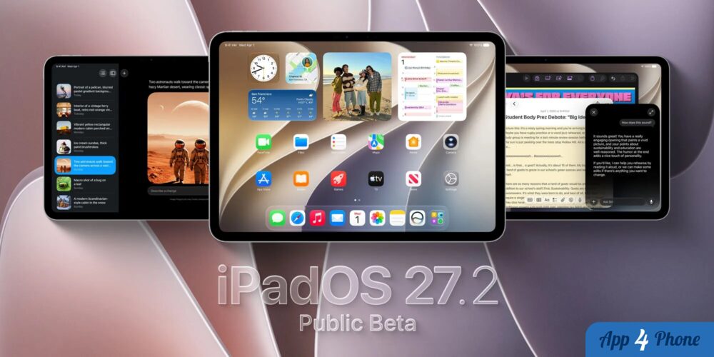 Montage présentant iPadOS 27.2 et plusieurs écrans d’iPad