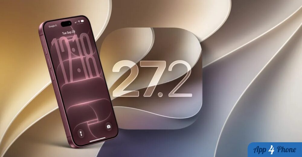 iPhone affichant iOS 27.2 sur un fond abstrait