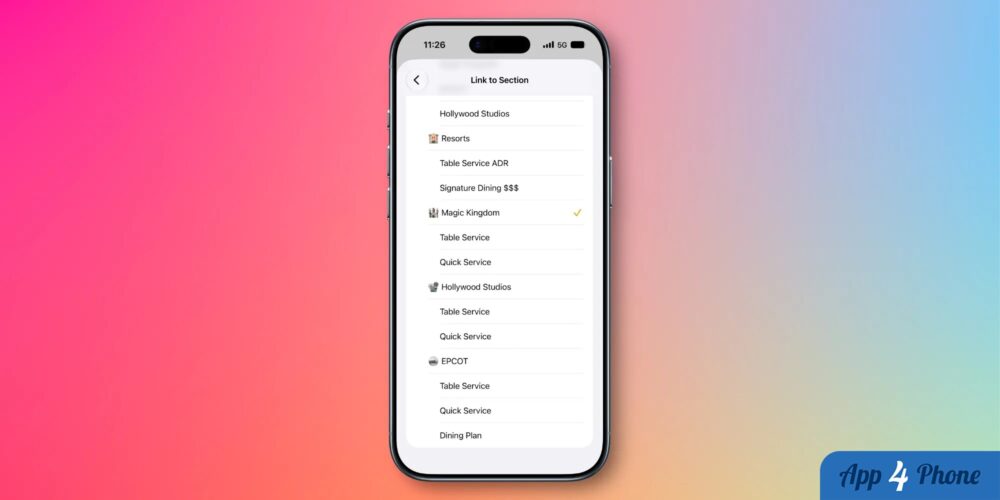 Sélection d’une section dans l’application Notes sur iPhone