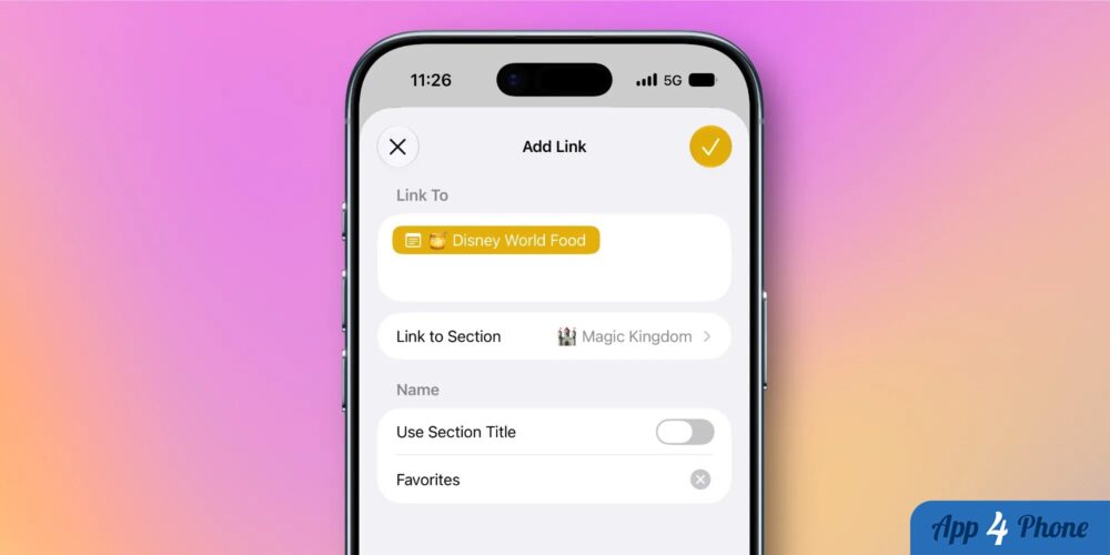 Écran iPhone montrant l’ajout d’un lien vers une section