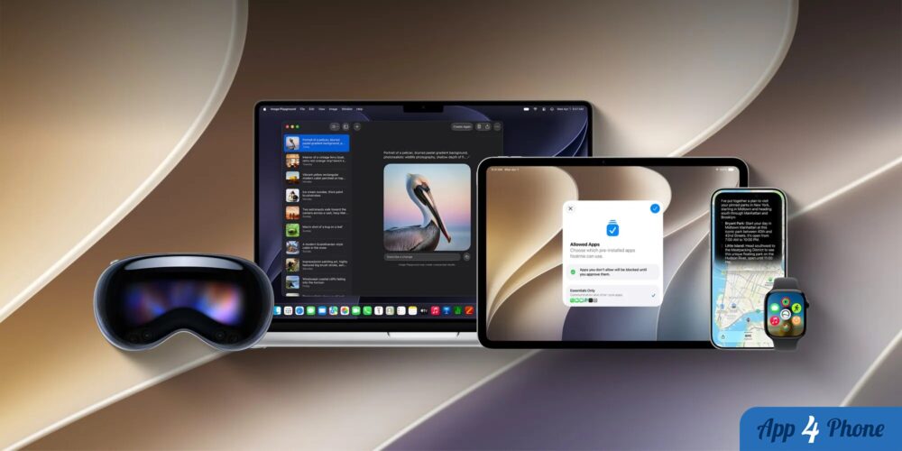 Montage de produits Apple affichant plusieurs fonctions d’intelligence artificielle
