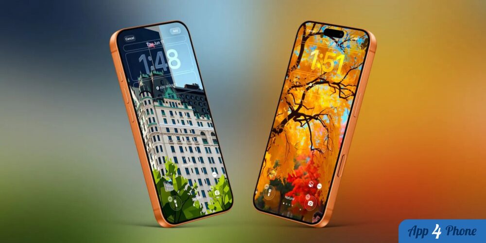 Deux iPhone orange présentent des fonds d’écran colorés et personnalisés
