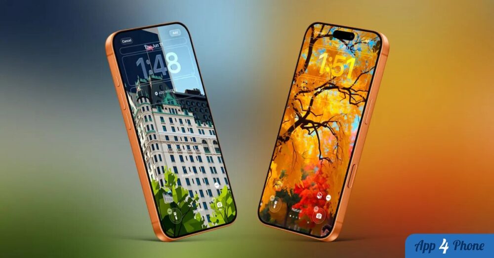 Deux iPhone affichent des écrans verrouillés avec des fonds personnalisés