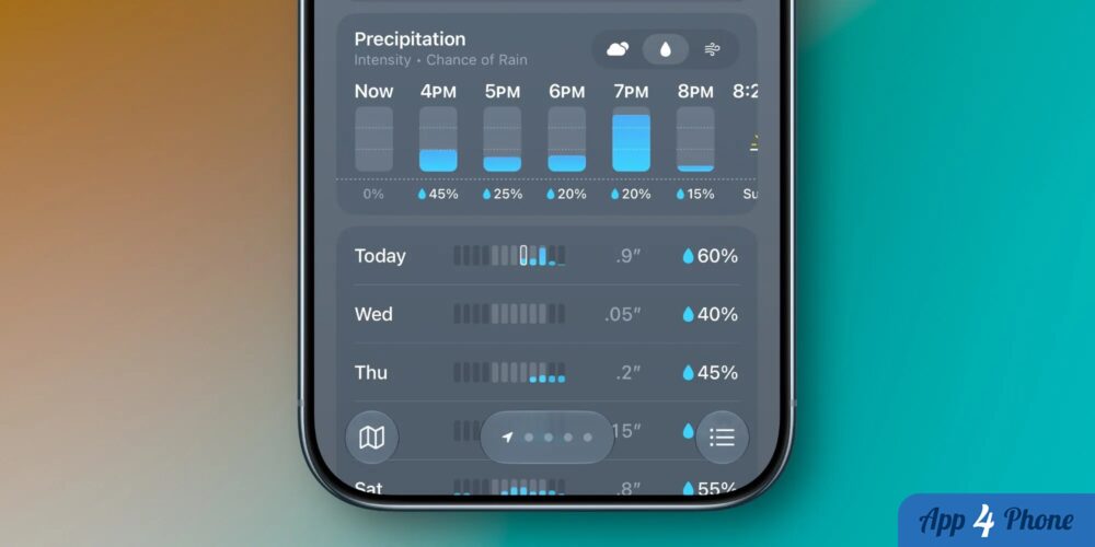 Prévisions de précipitations affichées dans l’application météo