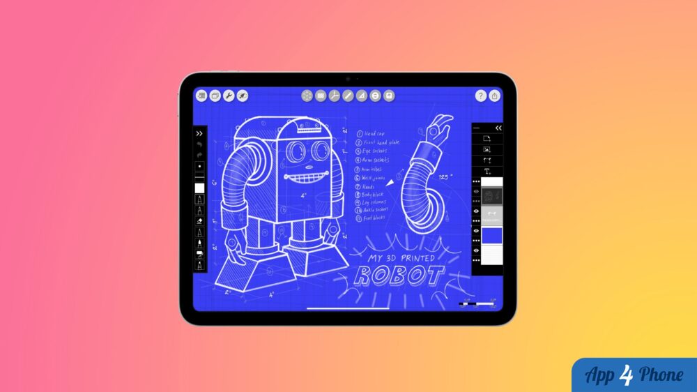 Tablette iPad affichant un dessin technique de robot sur fond coloré
