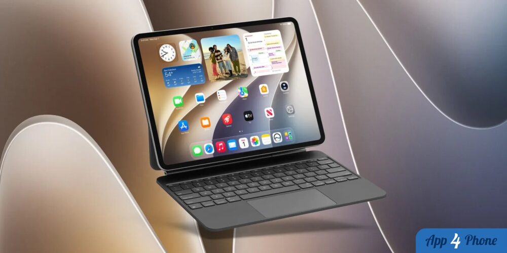 iPad équipé d’un clavier affichant l’écran d’accueil d’iPadOS