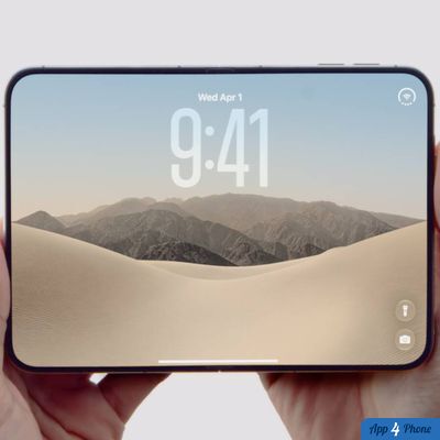 iPhone pliable tenu ouvert horizontalement, écran affichant un paysage désertique