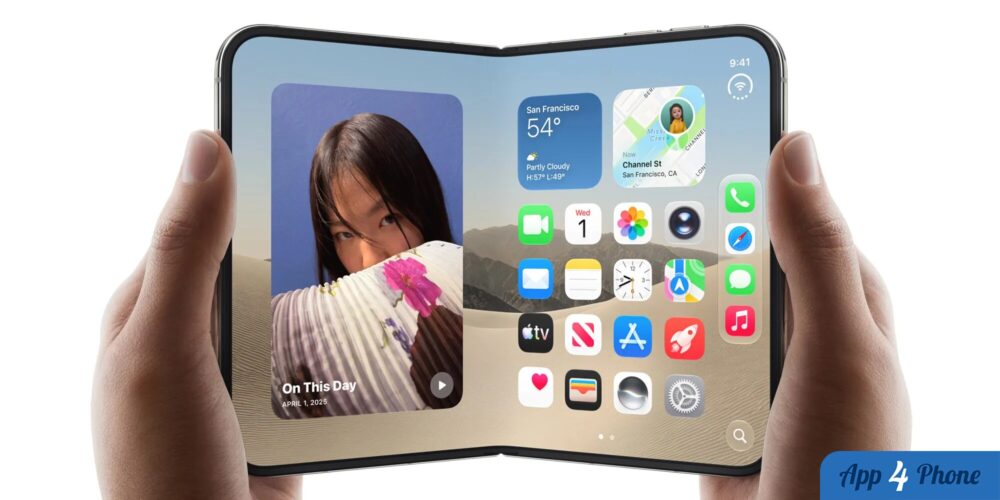 Smartphone pliable Apple affichant un écran d’accueil avec applications