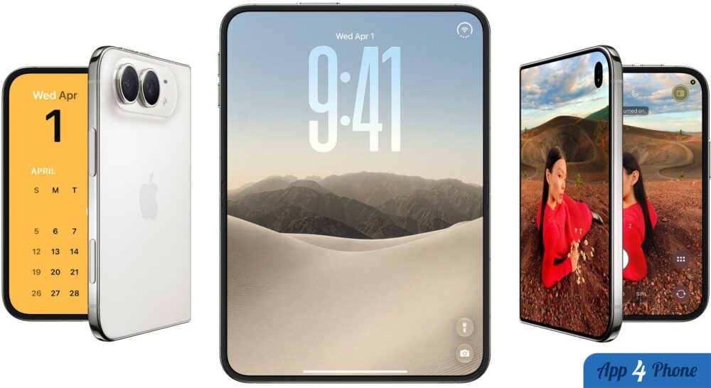 Rendu d’un iPhone pliable déployé sous différents angles
