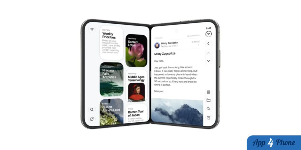 iPhone pliable ouvert montrant son écran intérieur divisé