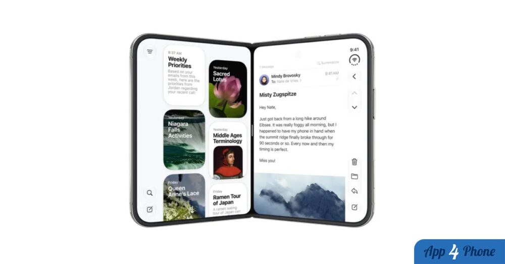 iPhone pliable ouvert affichant deux écrans avec des applications