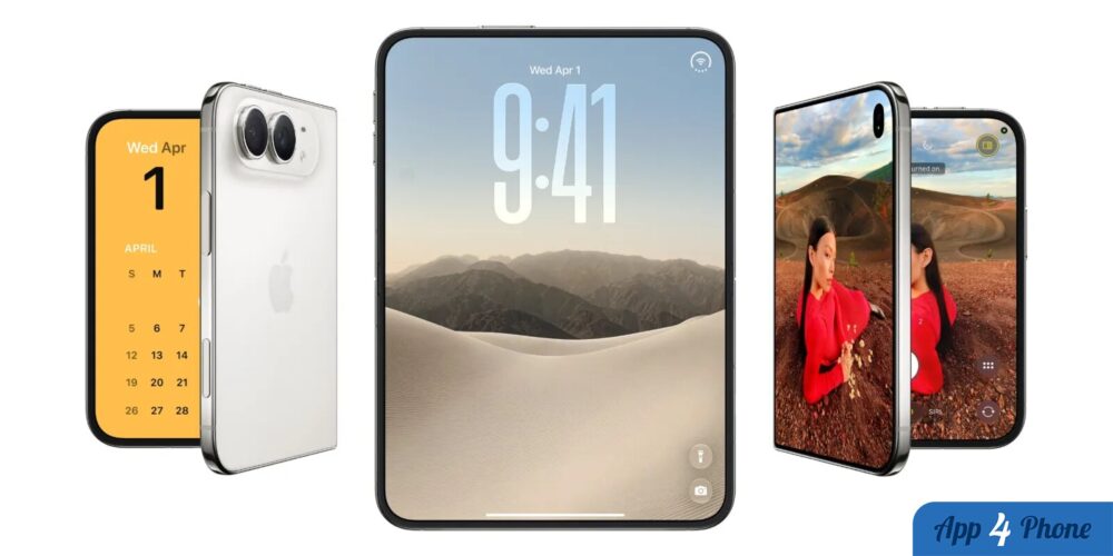 Concept d’iPhone pliable ouvert et fermé avec écrans visibles