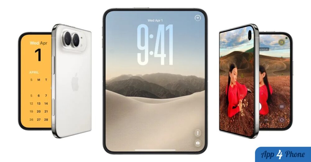 Rendus d’un iPhone pliable Duo présenté sous plusieurs angles