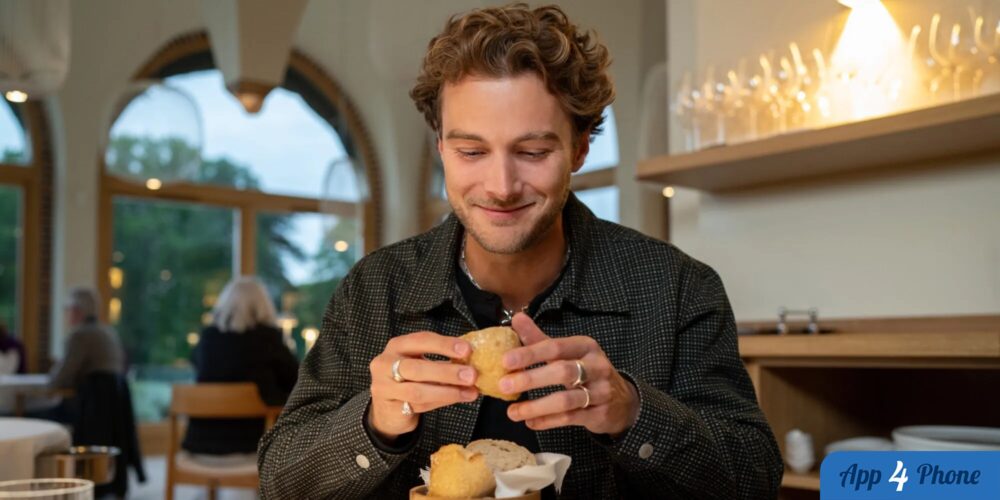 Un homme tient un petit pain dans un restaurant