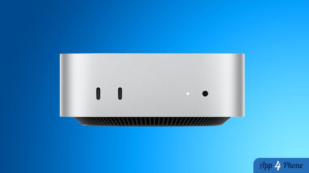 Vue frontale du Mac mini argenté avec ports USB-C et ventilation.