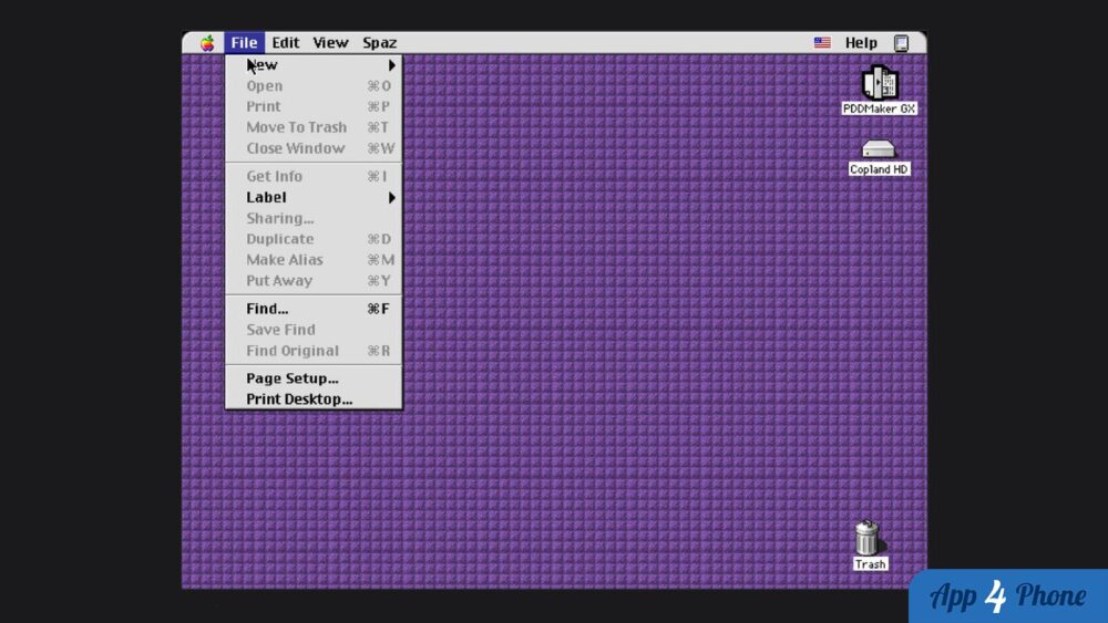Capture d’écran de Copland émulé, avec bureau Macintosh et disque Copland HD