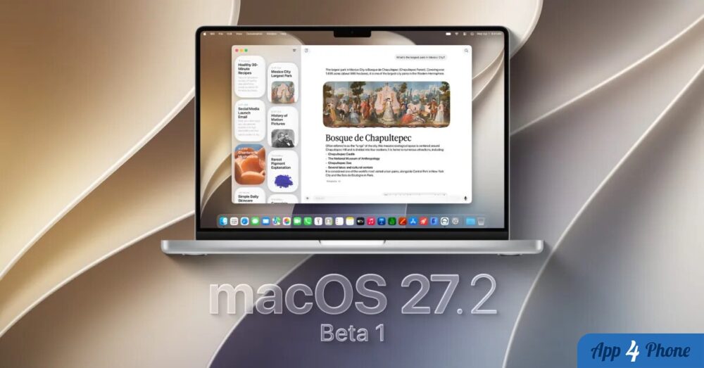 MacBook affichant macOS 27.2 bêta 1 sur fond abstrait