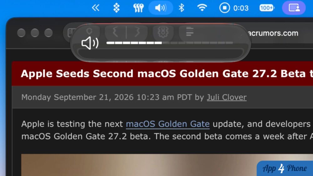 Nouveau curseur de volume segmenté affiché dans macOS Golden Gate 27.2 bêta