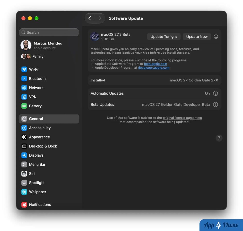 Fenêtre Mise à jour logicielle affichant macOS 27.2 bêta