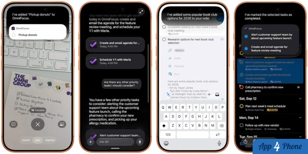 Quatre écrans d’iPhone montrent les fonctions Siri d’OmniFocus