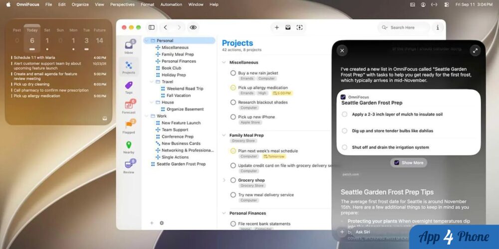 Interface OmniFocus affichant des tâches créées grâce à Siri