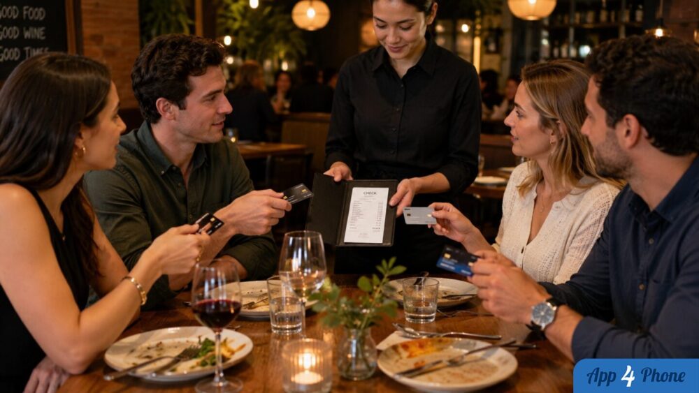 Amis partageant l’addition au restaurant avec plusieurs cartes bancaires