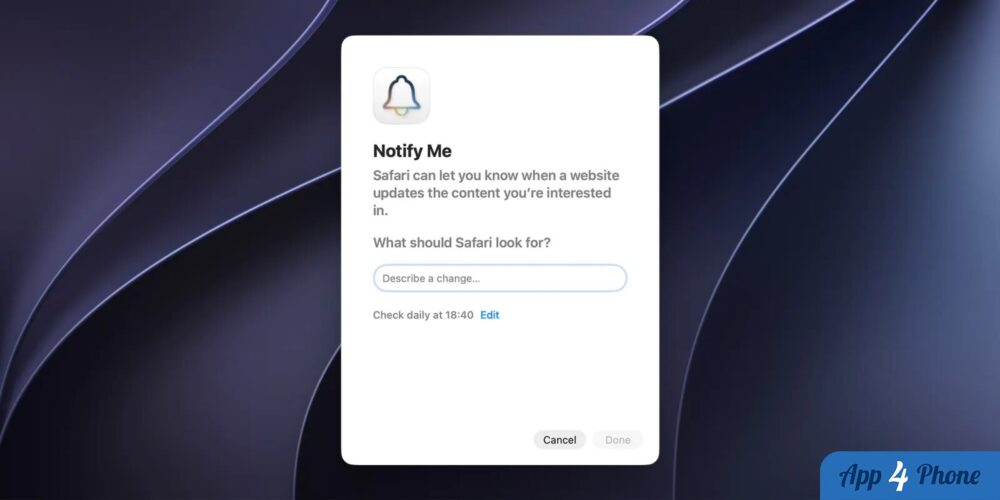 Fenêtre Safari Notify Me configurant une alerte de changement