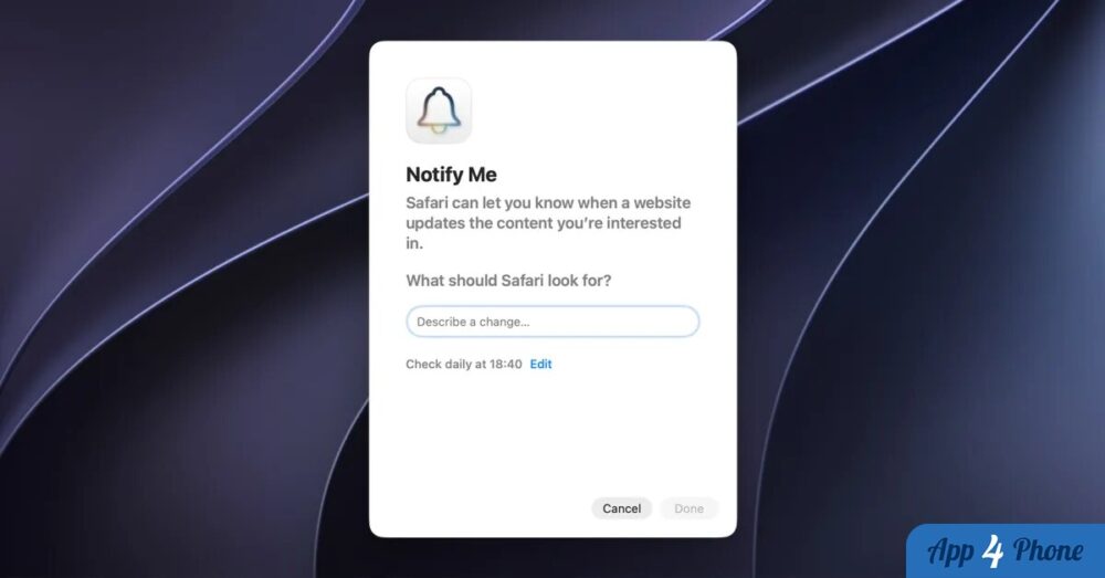 Fenêtre Safari Notify Me pour surveiller les mises à jour d’un site