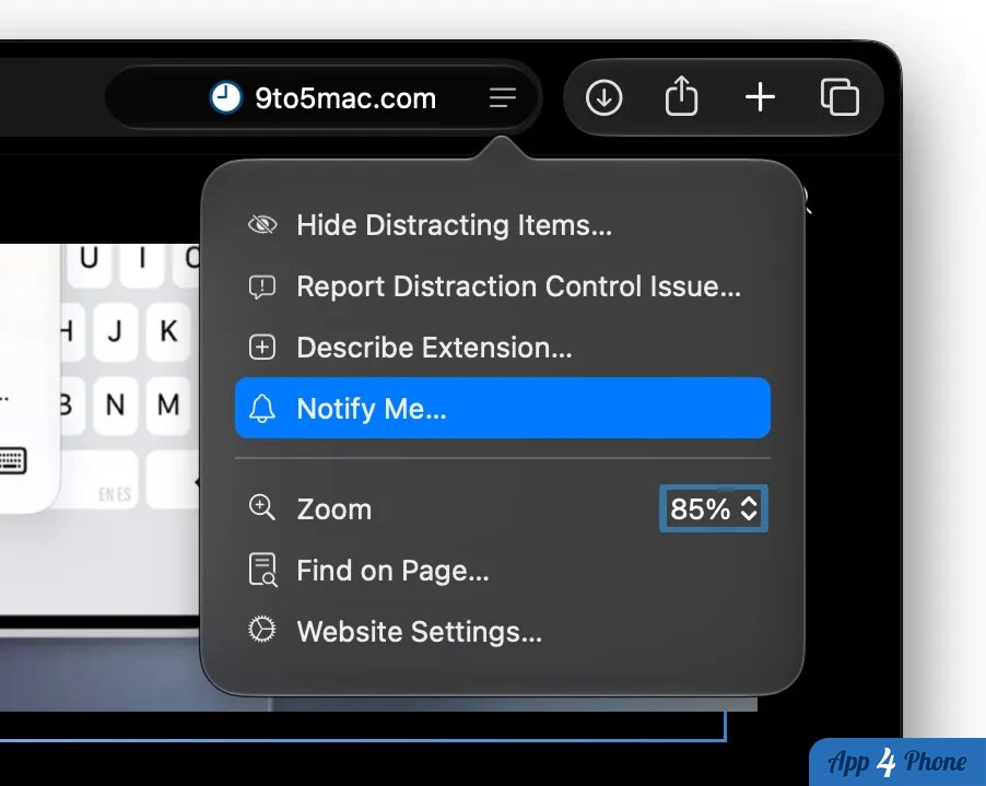 Menu Safari affichant l’option Notify Me sélectionnée