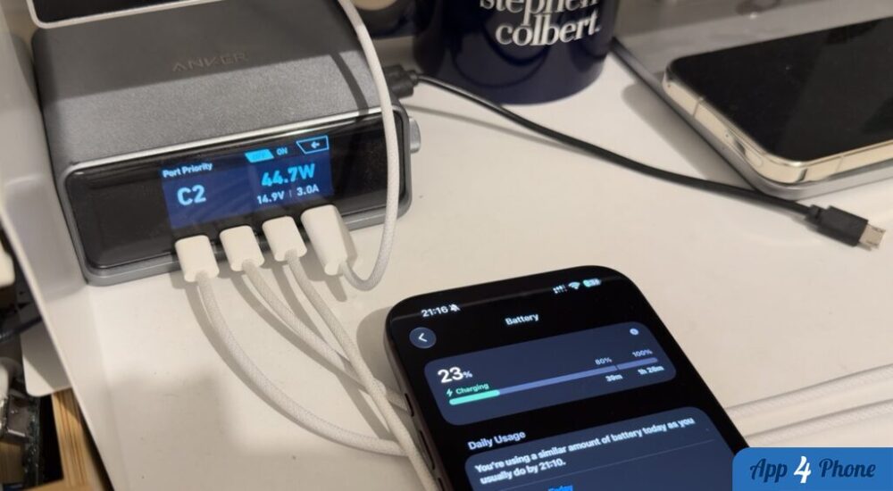 iPhone branché affichant son niveau de batterie en charge