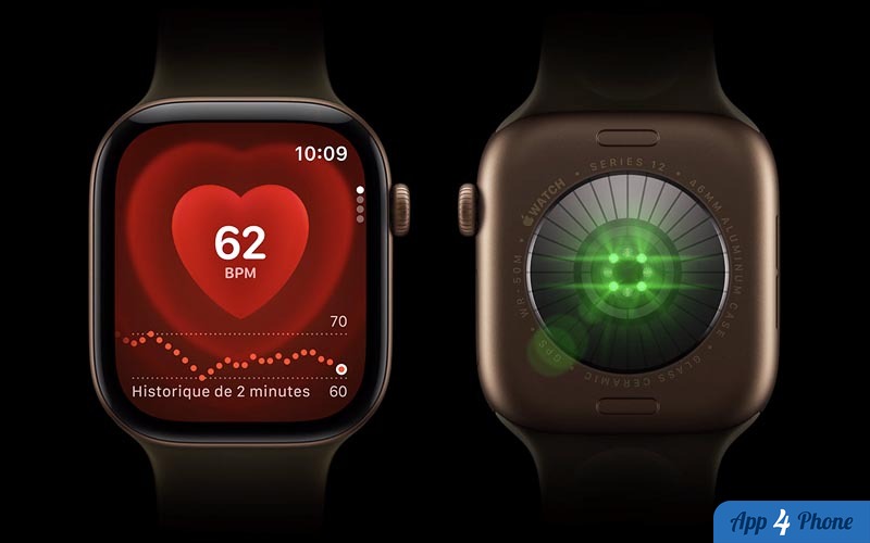 Apple Watch Series 12 affichant fréquence cardiaque, capteurs verts visibles