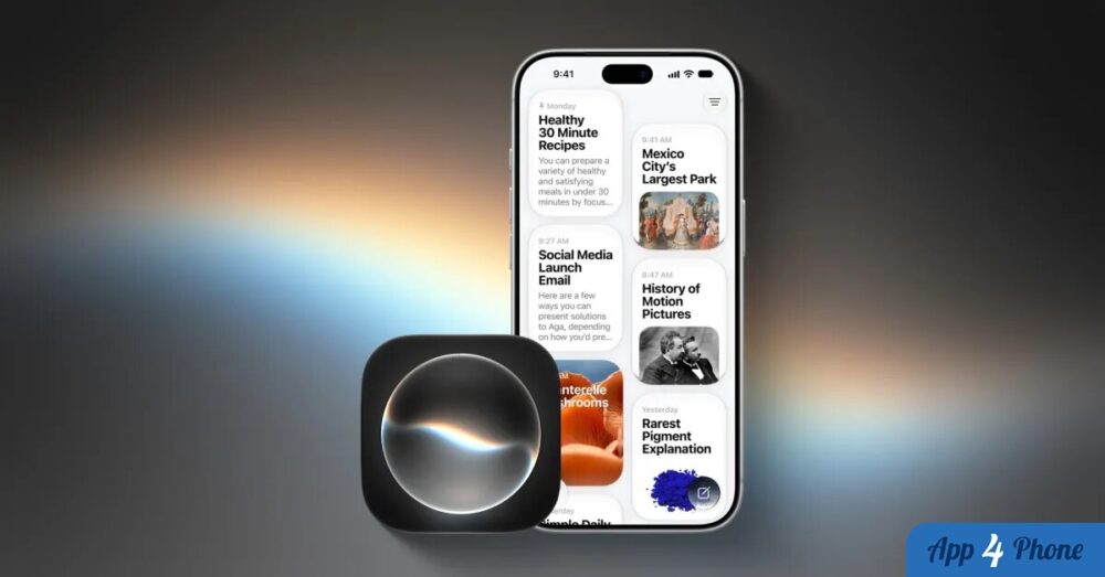 Rendu d’un iPhone affichant l’interface de Siri avec son halo lumineux