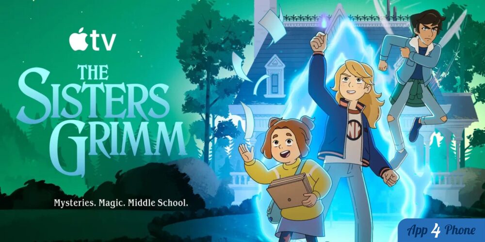 Illustration animée de The Sisters Grimm, trois personnages devant un portail magique.