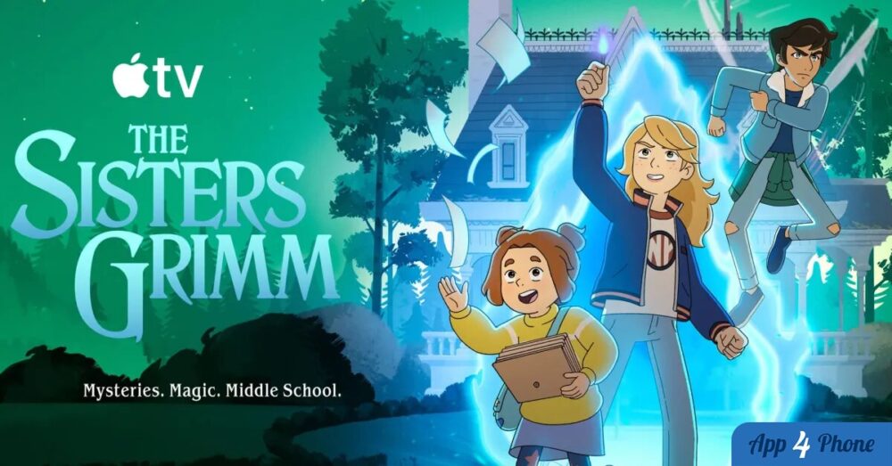 Illustration animée de The Sisters Grimm, trois personnages devant un portail magique.