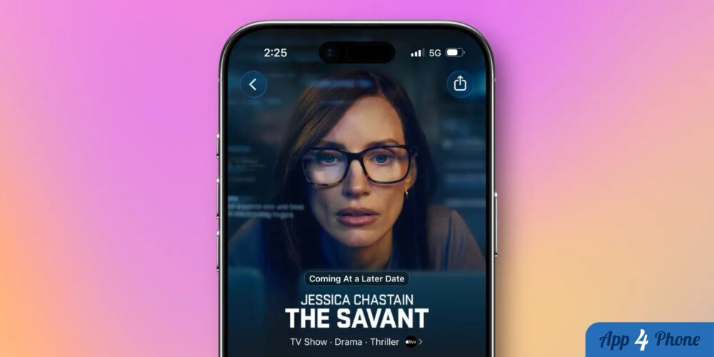 Affiche de The Savant avec Jessica Chastain affichée sur un iPhone