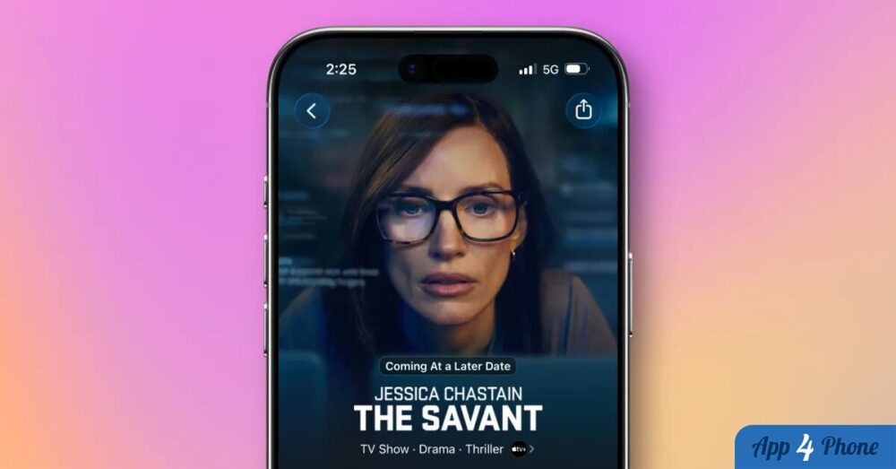 Affiche de The Savant avec Jessica Chastain affichée sur un iPhone