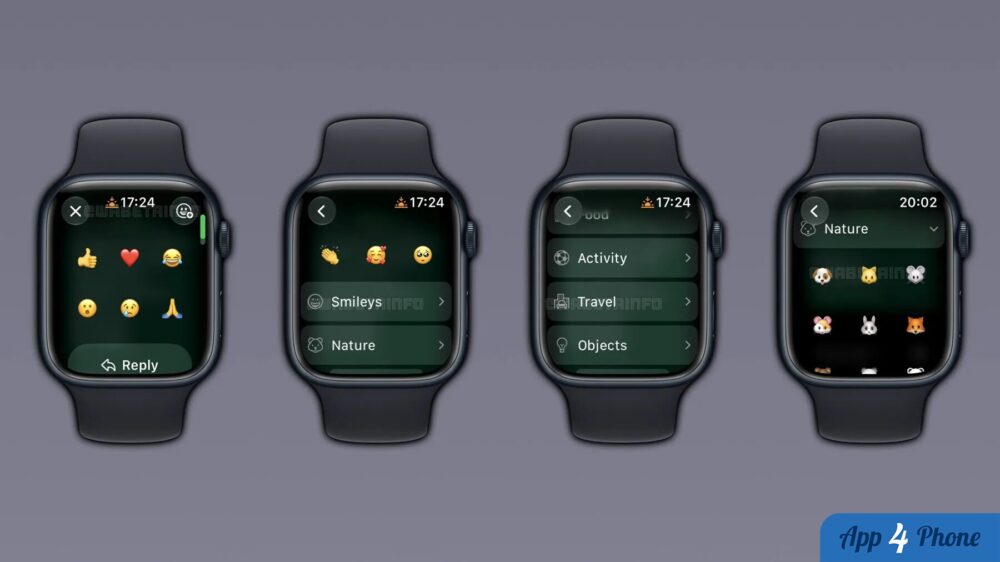 Montage de quatre Apple Watch affichant des réactions et catégories d’emojis WhatsApp