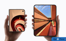 Smartphone pliable présenté déplié et replié dans deux mains