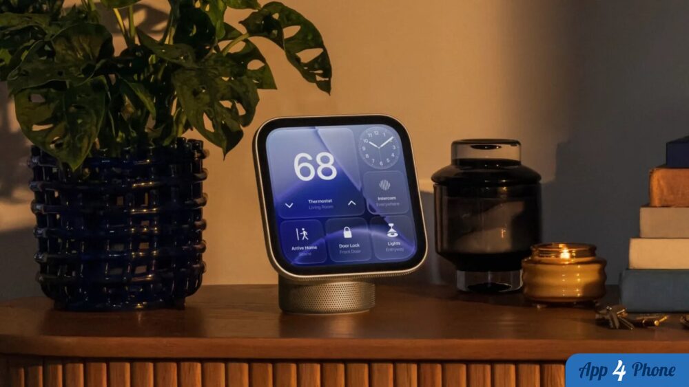 Appareil HomeView affichant des commandes domotiques dans un intérieur