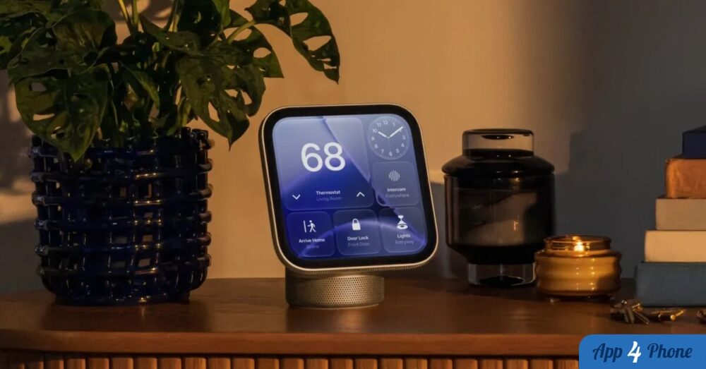 Appareil HomeView affichant des commandes domotiques dans un intérieur