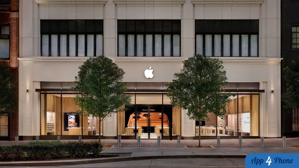 Façade d’un Apple Store présentant des produits en vitrine