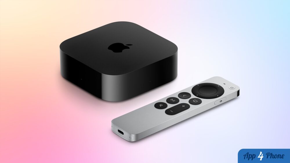 Apple TV 4K noire et télécommande Siri Remote sur fond coloré