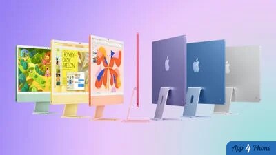 iMac colorés affichés de face et de dos sur fond pastel