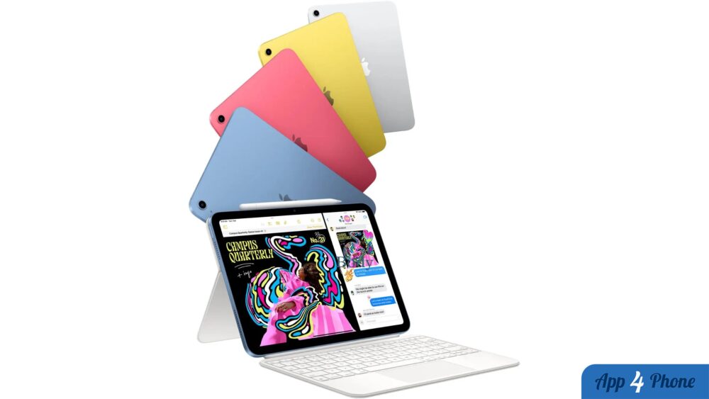 Plusieurs iPad colorés, dont un modèle avec clavier et écran actif