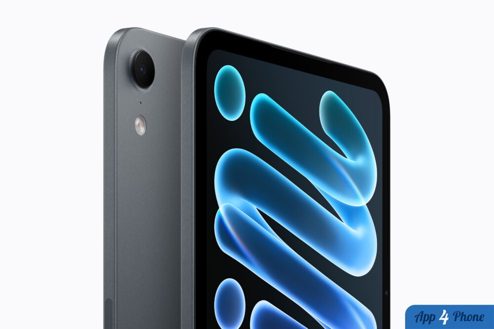 Gros plan sur un iPad mini gris affichant un motif bleu