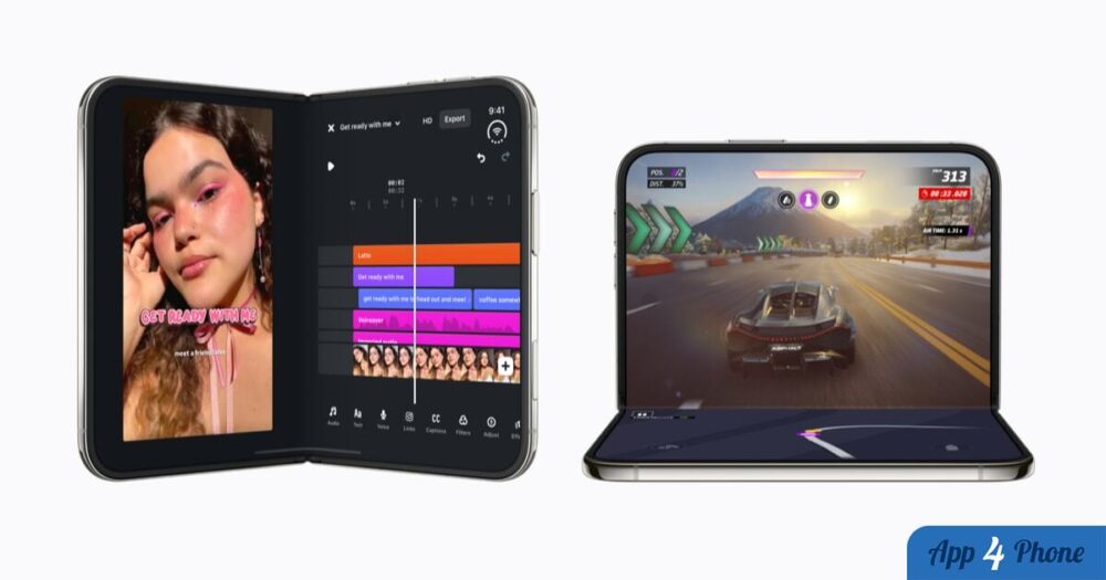 Deux iPhone Duo pliables affichant une application vidéo et un jeu de course