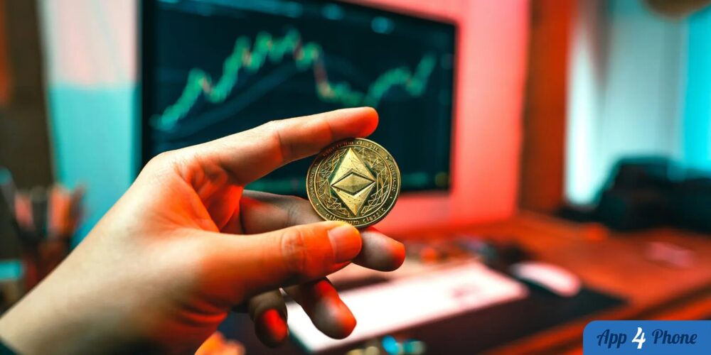 Pièce Ethereum tenue devant un écran financier aux couleurs vives