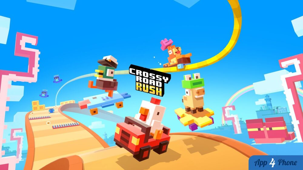 Personnages pixelisés de Crossy Road Rush sur un parcours coloré