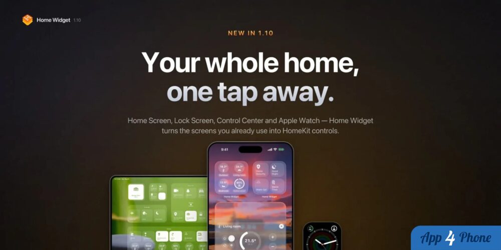 Téléphone, tablette et montre affichant les commandes HomeKit de Home Widget