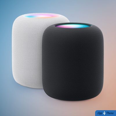 Deux enceintes HomePod Apple, blanche et noire, avec éclairage coloré